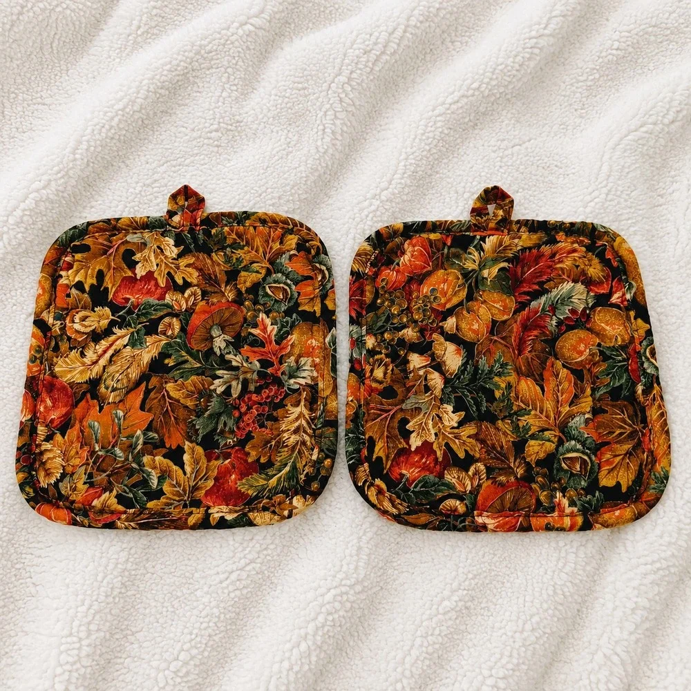 Vintage B&D Autumn Potholders Set 2 Fall Fruit Leaves Apple Pumpkin Kitchen